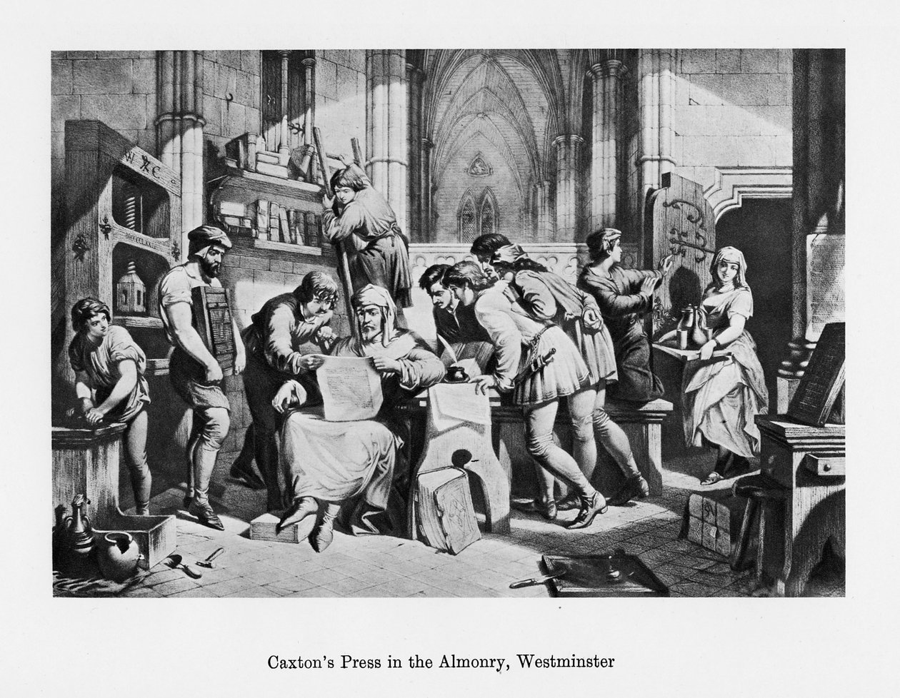 William Caxtonsin painos Almonryssa, Westminsterissä, 1400- ja 1800-luvulla tekijältä Unbekannt