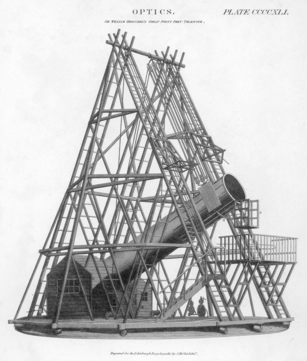 William Herschelsin heijastava teleskooppi, jonka polttoväli on 40 jalkaa 12 m, 1789 1807 tekijältä Unbekannt