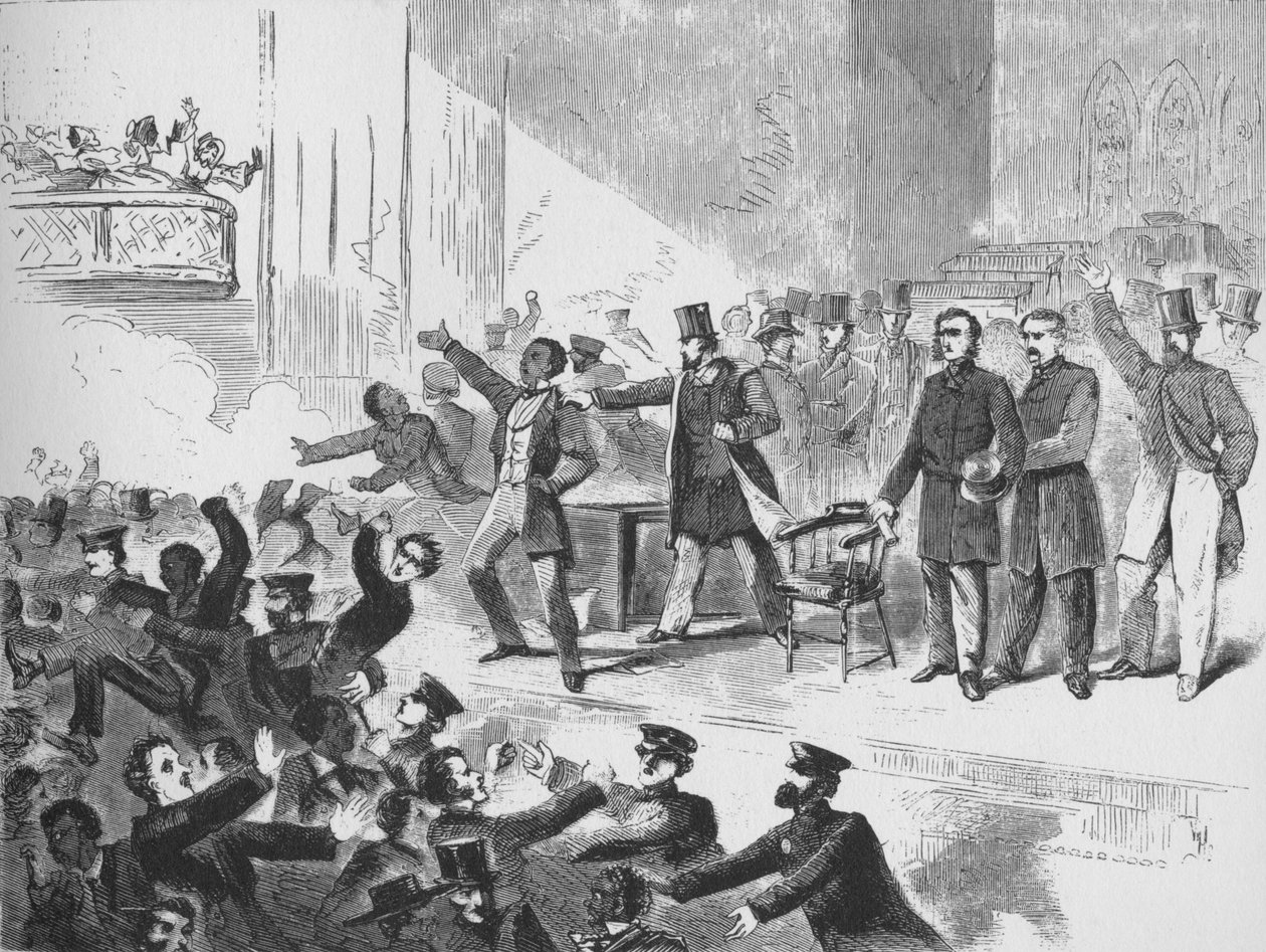 William Lloyd Garrison yrittää pitää John Brownin vuosipäiväkokouksen Tremont Templessä Bostonissa, tekijältä Unbekannt