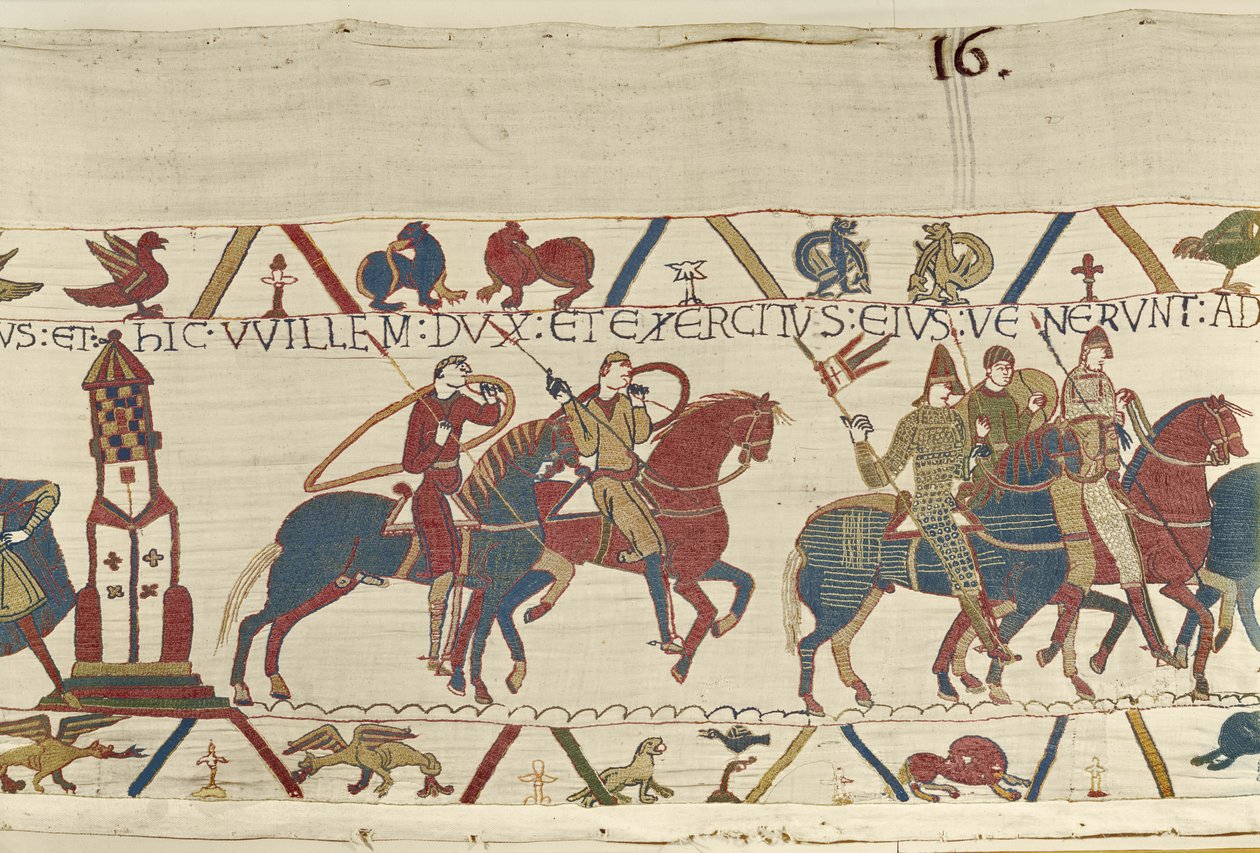 William johtaa armeijaansa Bretagnen herttua Conania vastaan, Bayeux Tapestry (villakirjonta pellavalle) tekijältä Unbekannt