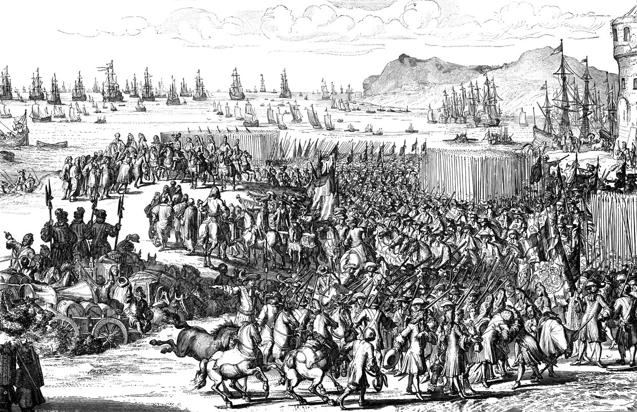 William of Orange laskeutui maihin armeijansa kanssa Torbayssa Devonissa 5. marraskuuta 1688 tekijältä Unbekannt
