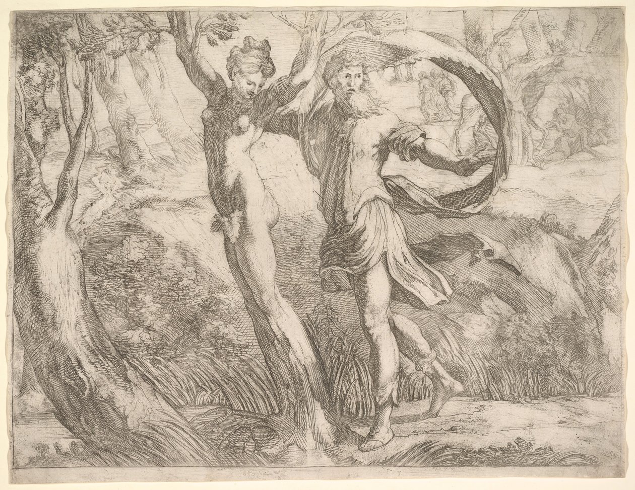 Wilton-albumi, folio 10a: Priapus ja Lotis, n. 1530-50. tekijältä Unbekannt