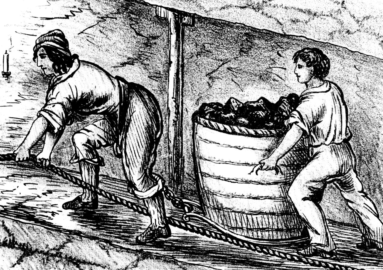 Nainen ja poika työskentelevät hiilikaivoksessa Boltonissa, Lancashiressa, 1848 tekijältä Unbekannt