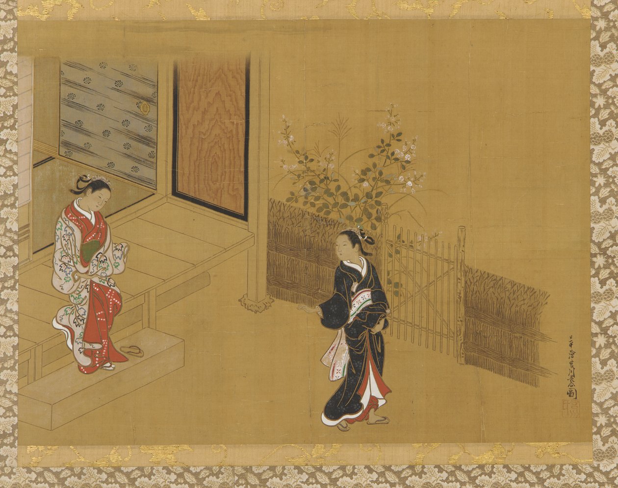 Nainen verannalla, toinen puutarhassa, Edo-kausi, 1700-luku. tekijältä Unbekannt