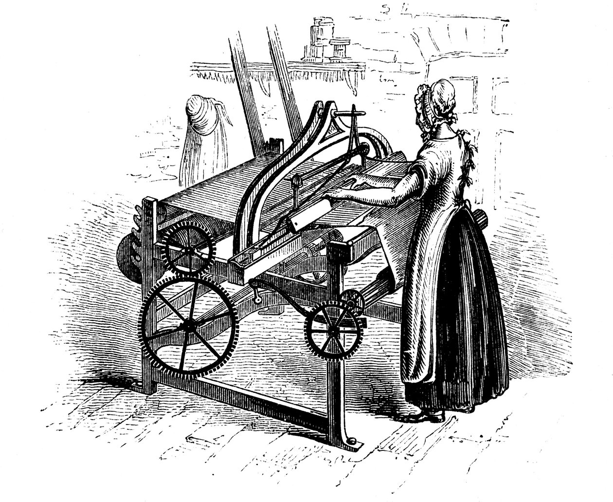 Nainen, joka käyttää kutomakonetta puuvillan kutomiseen, c1840 tekijältä Unbekannt