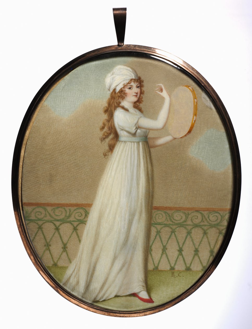 Nainen tamburiinilla, uusklassisessa puvussa, 1800-luvun puolivälistä loppupuolelle. tekijältä Unbekannt