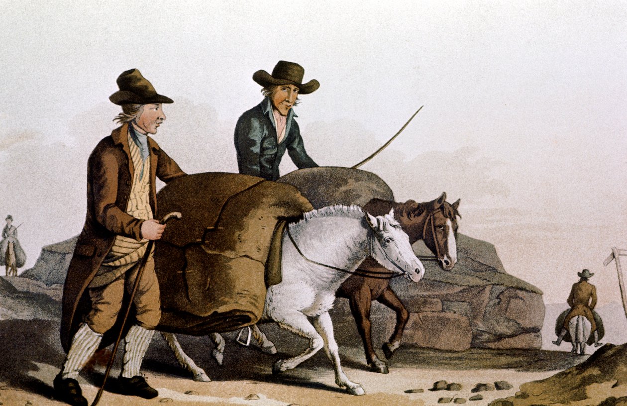 Villakauppias vie kangaspalasia Leedsin kangashalliin myytäväksi, 1814 tekijältä Unbekannt