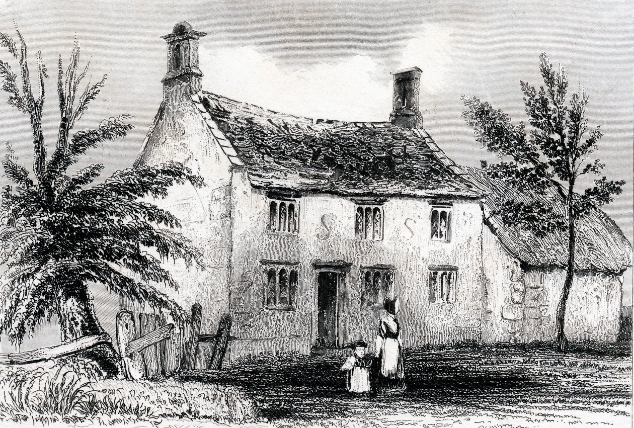 Woolsthorpe Manor, lähellä Granthamia, Lincolnshire, Sir Isaac Newtonin syntymäpaikka, 1840 tekijältä Unbekannt