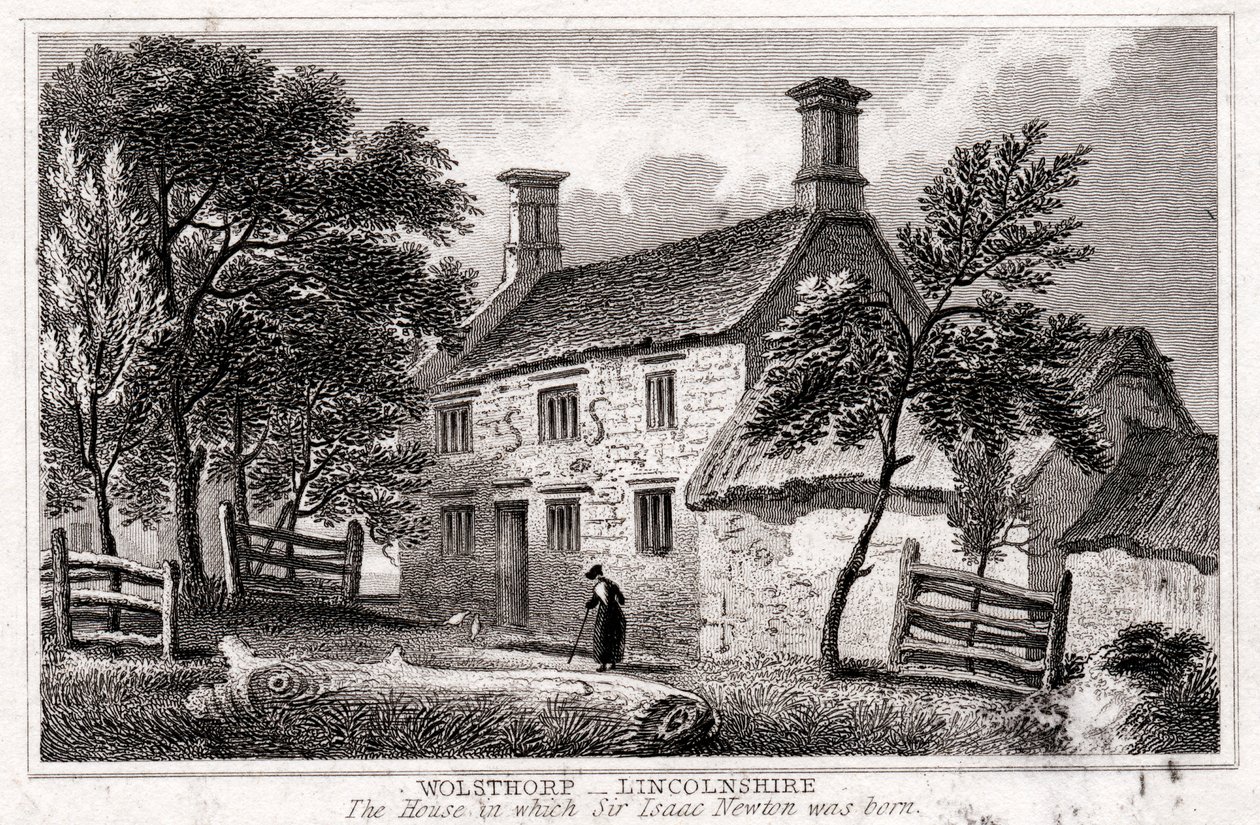 Woolsthorpe Manor, lähellä Granthamia, Lincolnshire, Sir Isaac Newtonin syntymäpaikka, 1800-luvun alku tekijältä Unbekannt