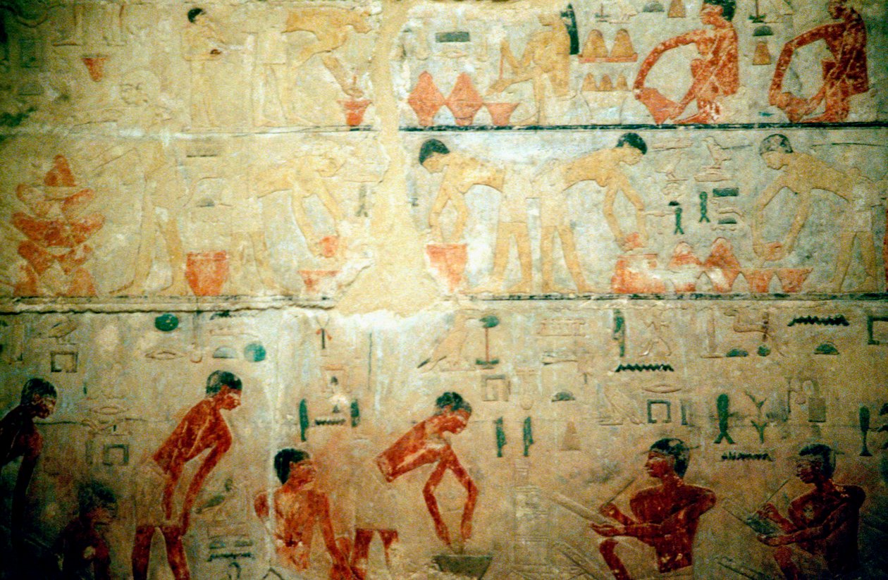 Työelämä muinaisessa Egyptissä, seinämaalaus käsityöläisten haudasta Saqqarasta tekijältä Unbekannt