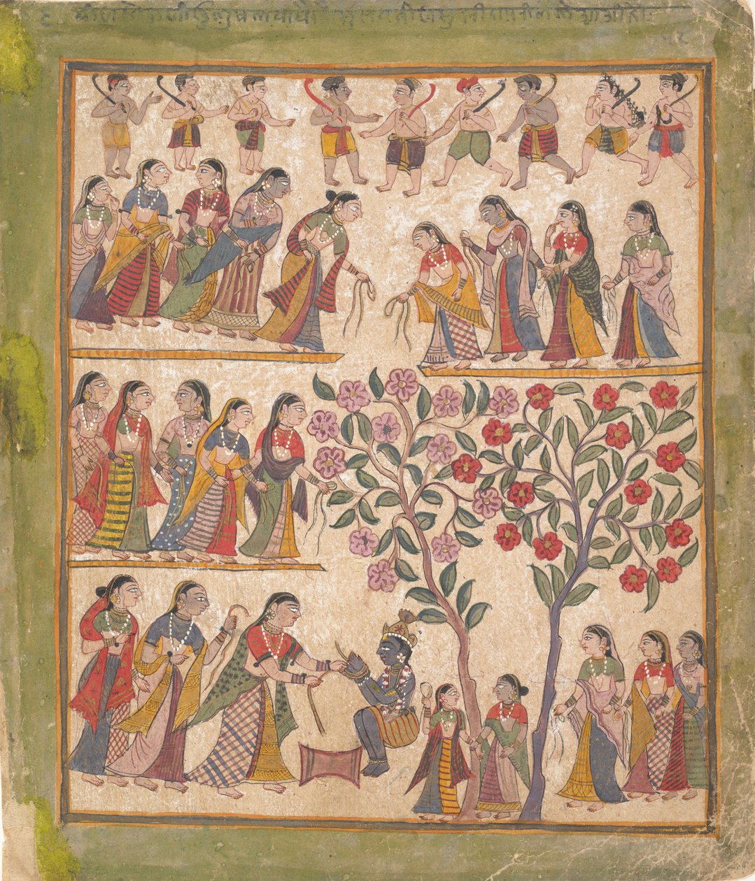 Yashoda sitoo krishnan kädet: Sivu hajallaan olevasta Bhagavata Purana Manuscript -käsikirjoituksesta, 1640-50. tekijältä Unbekannt