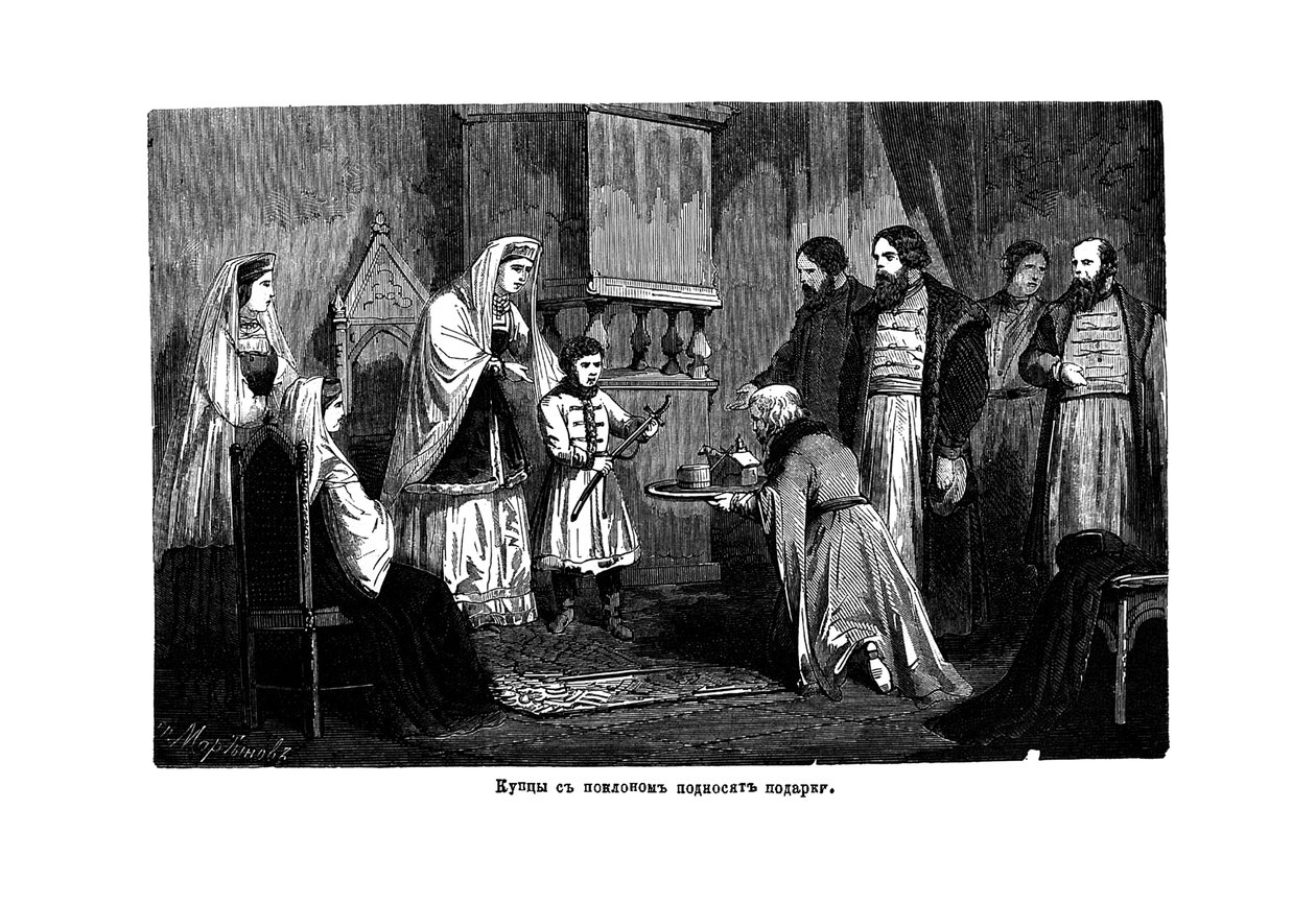 Nuori Pietari Suuri saa lahjoja kauppiailta, 1875 tekijältä Unbekannt