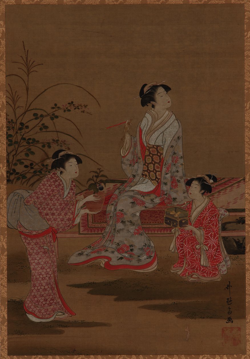 Nuori nainen, jossa on kaksi tyttöä, istuu puutarhassa, Edo-kausi, 1615-1868. tekijältä Unbekannt