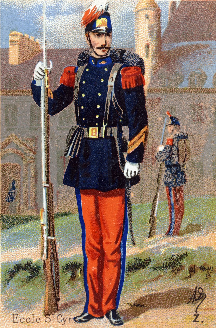 Z: Saint Cyrin koulu. Kaiverrus "Military Alphabet" -kirjaimella. Kuvittajan nimikirjaimet: A. D. Tuntematon kustantaja. Kromolitografiat 1800-luvun lopulla. Mitat: 10,5 x 7 cm. tekijältä Unbekannt