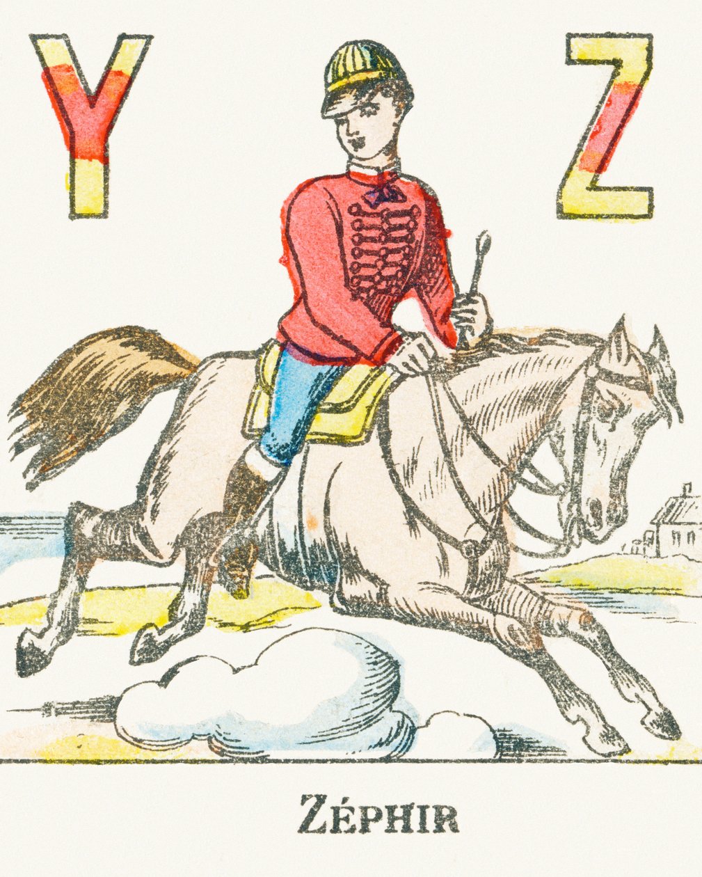 Z : Zephir, ratsastaja, joka laukkaa hevosellaan nimeltä Zephyr - Games Alphabet, n. 1890 (kaiverrus) tekijältä Unbekannt