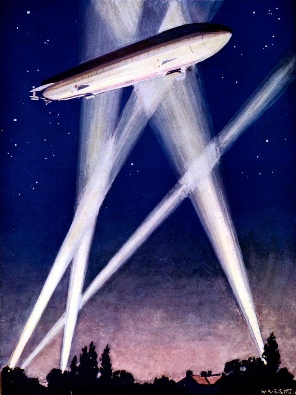 Zeppelin-ilmalaiva joutui valonheittimiin pommi-iskussa Englannin yllä vuonna 1916 tekijältä Unbekannt