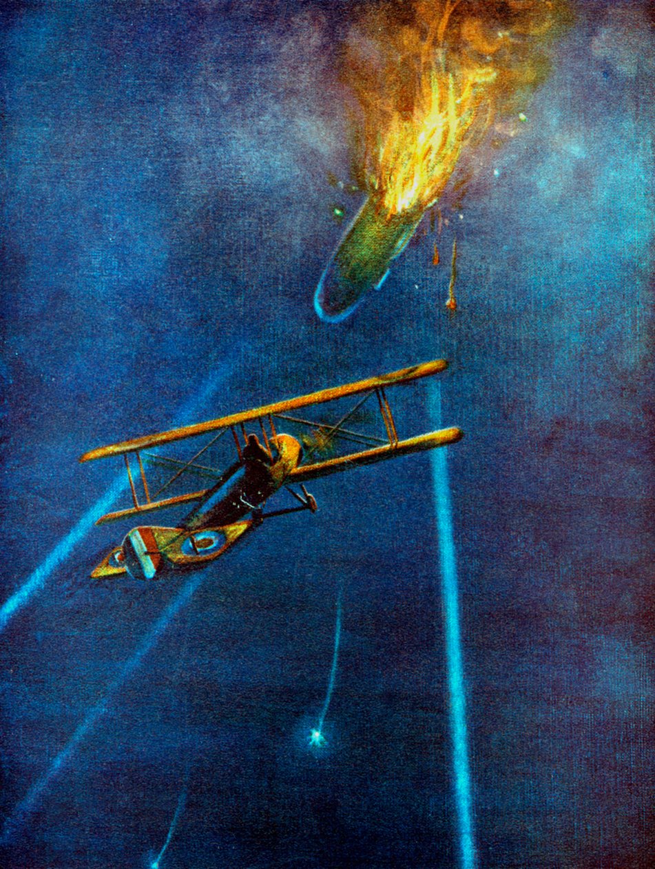 Zeppelin-ilmalaiva ammuttiin alas Cuffleyssa lähellä Enfieldiä pommi-iskun aikana Lontooseen vuonna 1916 tekijältä Unbekannt