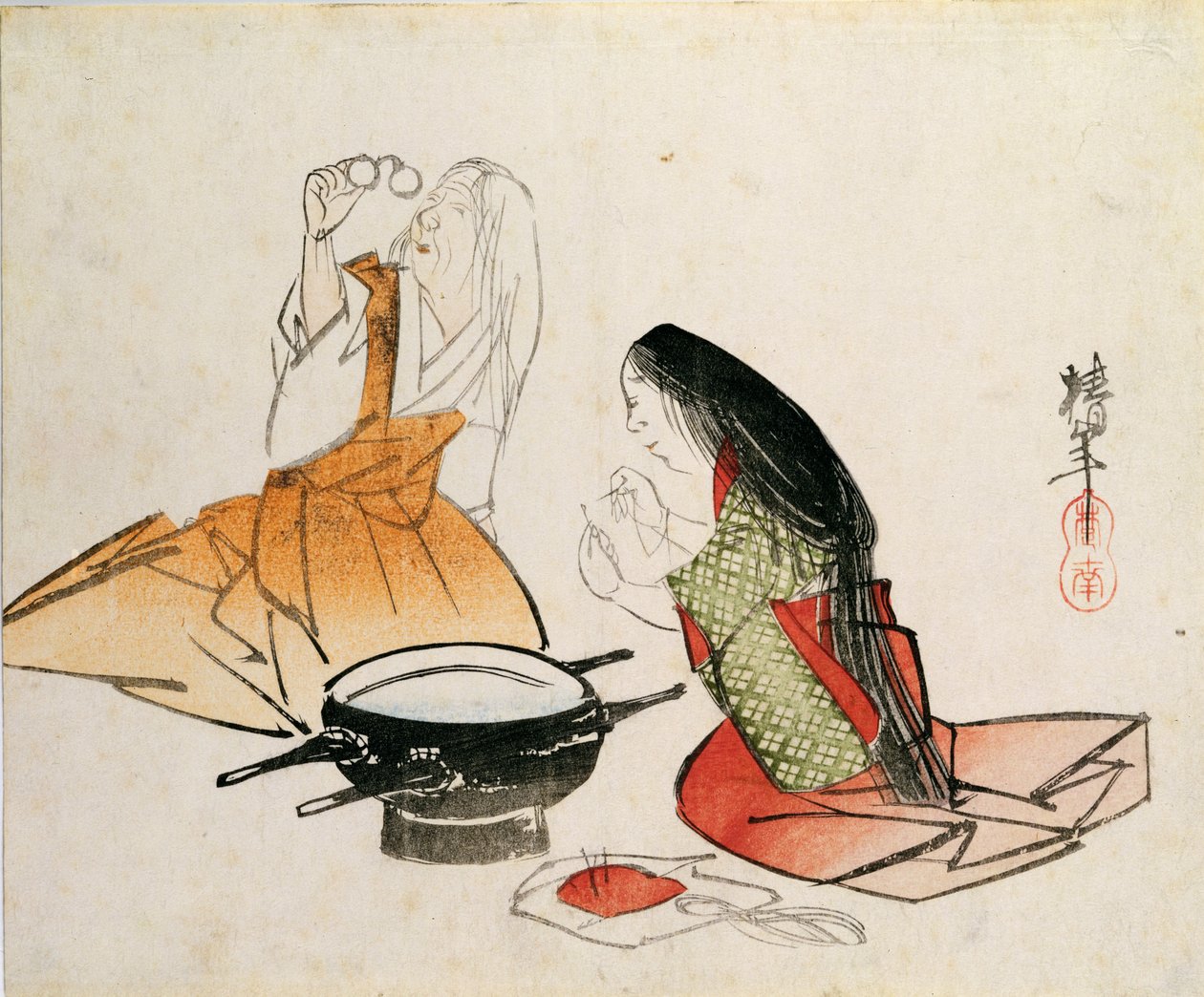 Nuori nainen pujotamassa neulaa, kirjoittanut Chinnen (1792-1851), pub. n.1830, (chuban-koko, värillinen puupainatus) tekijältä Unbekannt Unbekannt