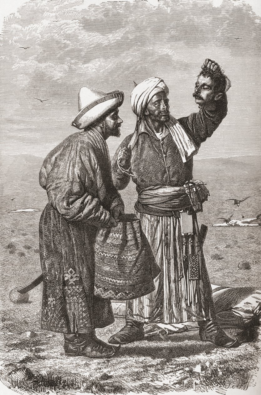 Afganistanin sotilas pitelee vihollisensa katkaistua päätä, kuvitus teoksesta "Maailma käsissä", kaiverrettu Gauchard ja Charles Barbant (k.1922), julkaistu 1878 tekijältä Unbekannt Unbekannt