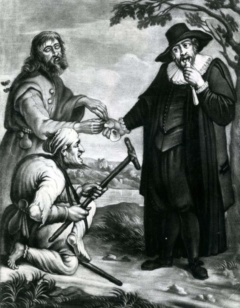 Sokea kantaja, ontuva vastaaja Osuus, Ystävälliset lait, puolueeton hoito, kuori hänelle kuori sinulle, Lakimiespalkkion keskiosa n. 1700-40 (mezzotint) tekijältä Unbekannt Unbekannt