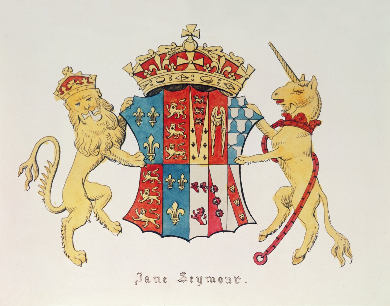 Englannin kuningas Henrik VIII:n (1491-1547) kolmannen vaimon Jane Seymourin (n. 1509-37) vaakuna (painettu) (painokuva) tekijältä Unbekannt Unbekannt