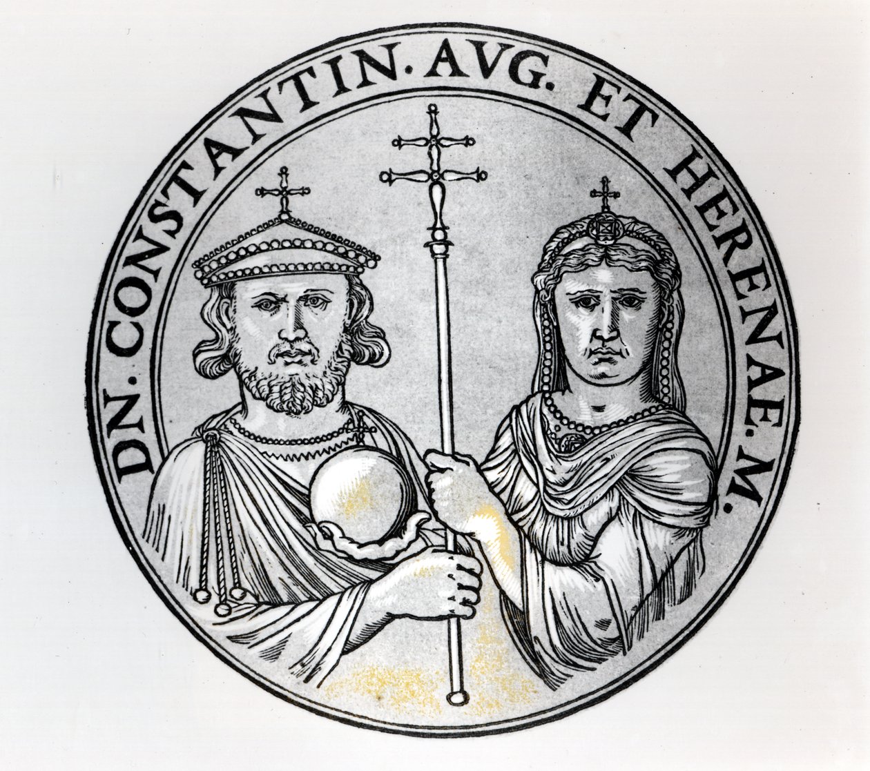 Konstantinus VI (770-n.797 jKr.) ja hänen äitinsä Irene (kaiverrus) (bw kuva) tekijältä Unbekannt Unbekannt