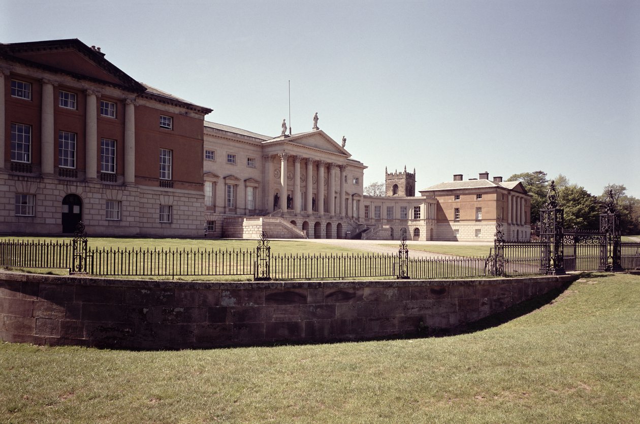 Etelärintaman ulkopuoli, Kedleston Hall, Derbyshire, rakennettu 1759-65 tekijältä Unbekannt Unbekannt