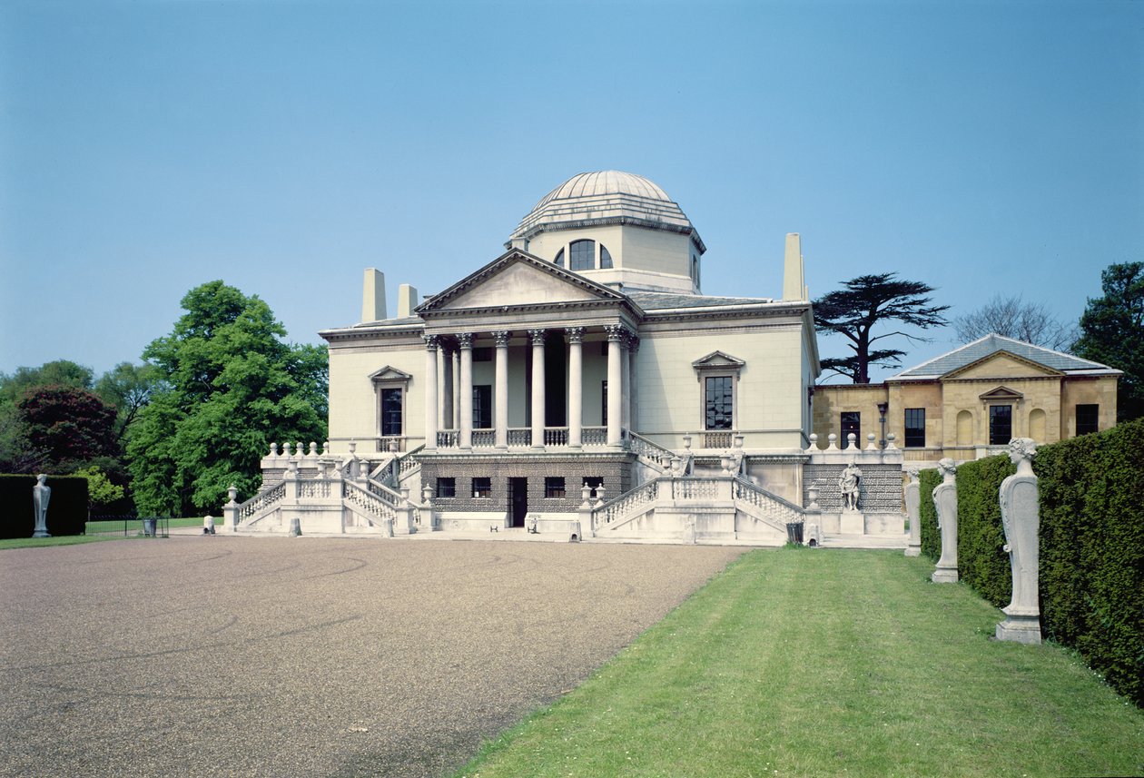 Ulkokuva Chiswick Housen itärintamasta Lontoossa (1725-29), jonka rakensi Lord Burlington, kolmas jaarli (Richard Boyle) (1694-1753) tekijältä Unbekannt Unbekannt