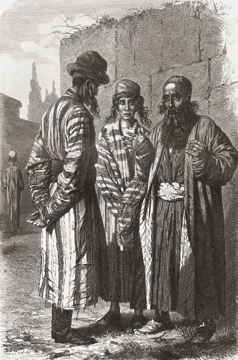 Uzbekistanin pääkaupungin Taškentin juutalaiset, kuvitus teoksesta "Maailma käsissä", kaiverrus Charles Laplante (k.1903), julkaistu 1878 tekijältä Unbekannt Unbekannt
