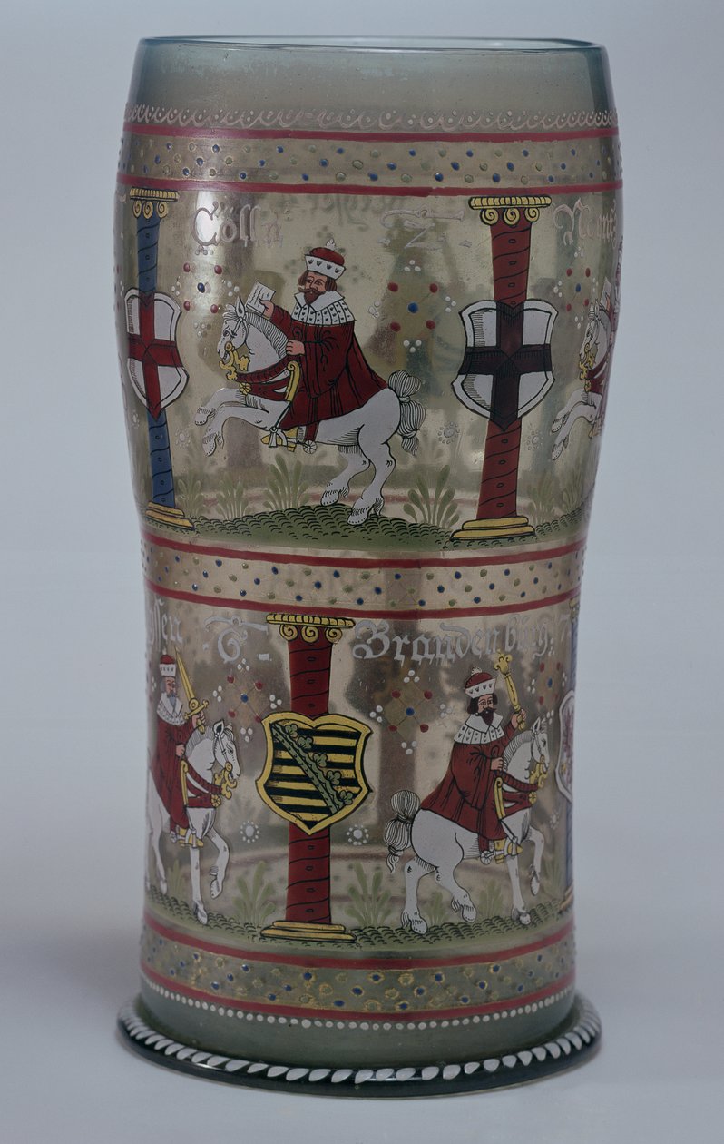 Kurfuersten Hupen (saksalainen vaalilasi), jossa on kohtauksia keisarista ja seitsemästä vaaliruhtinasta ratsastamassa valkoisilla hevosilla, Böömi, 1625 tekijältä Unbekannt Unbekannt