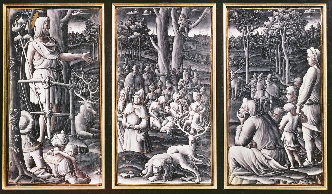 Limogesin triptyykki Pyhästä Johannes Kastajasta saarnaamassa erämaassa, 1500-luku tekijältä Unbekannt Unbekannt