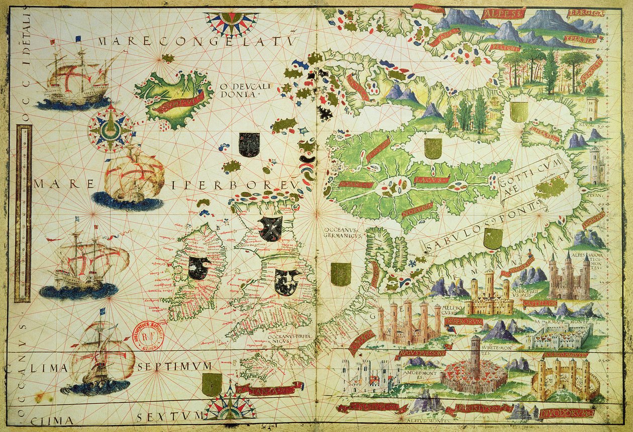 Euroopan kartta, faksimile Pedro ja Jorge Reinelin Miller Atlasista ja Lopo Homemista, valmistettu vuonna 1519 tekijältä Unbekannt Unbekannt