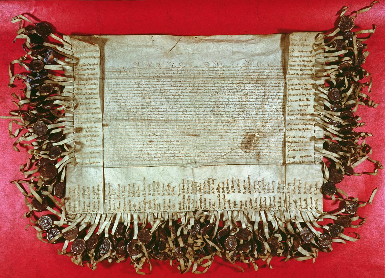 Böömin aateliston keskiaikainen protestikirje, jossa vastustettiin Konstanzin kirkolliskokouksen John Hussin (n. 1369-1415), 1415-1616 (muste pergamentille) kohtelua tekijältä Unbekannt Unbekannt