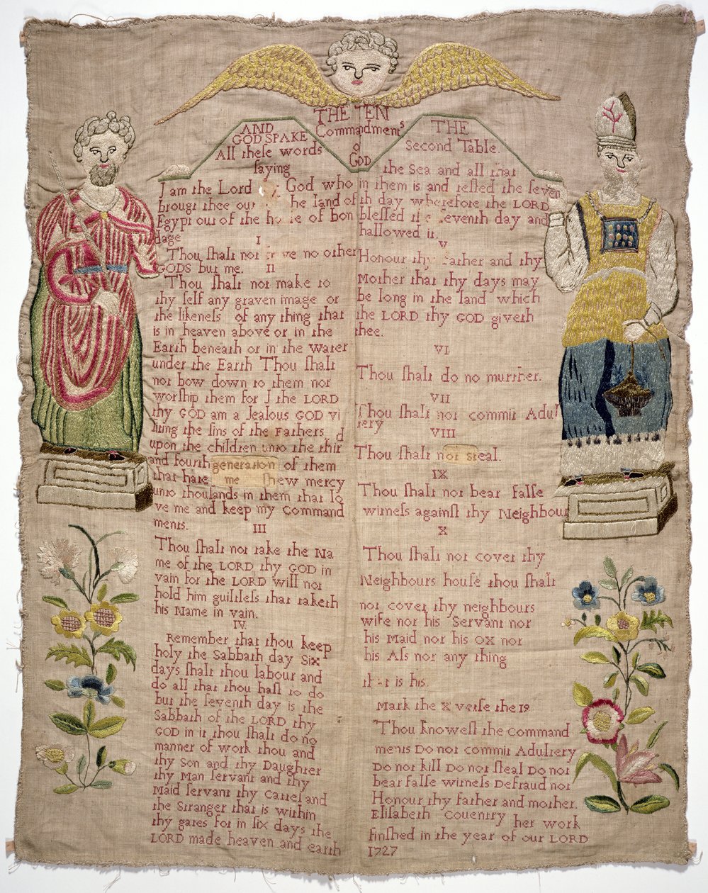 Sampler, kuvaa kymmentä käskyä, kirjoittanut Elizabeth Coventry, Englanti, 1727 (värilliset silkit pellavan päällä) tekijältä Unbekannt Unbekannt