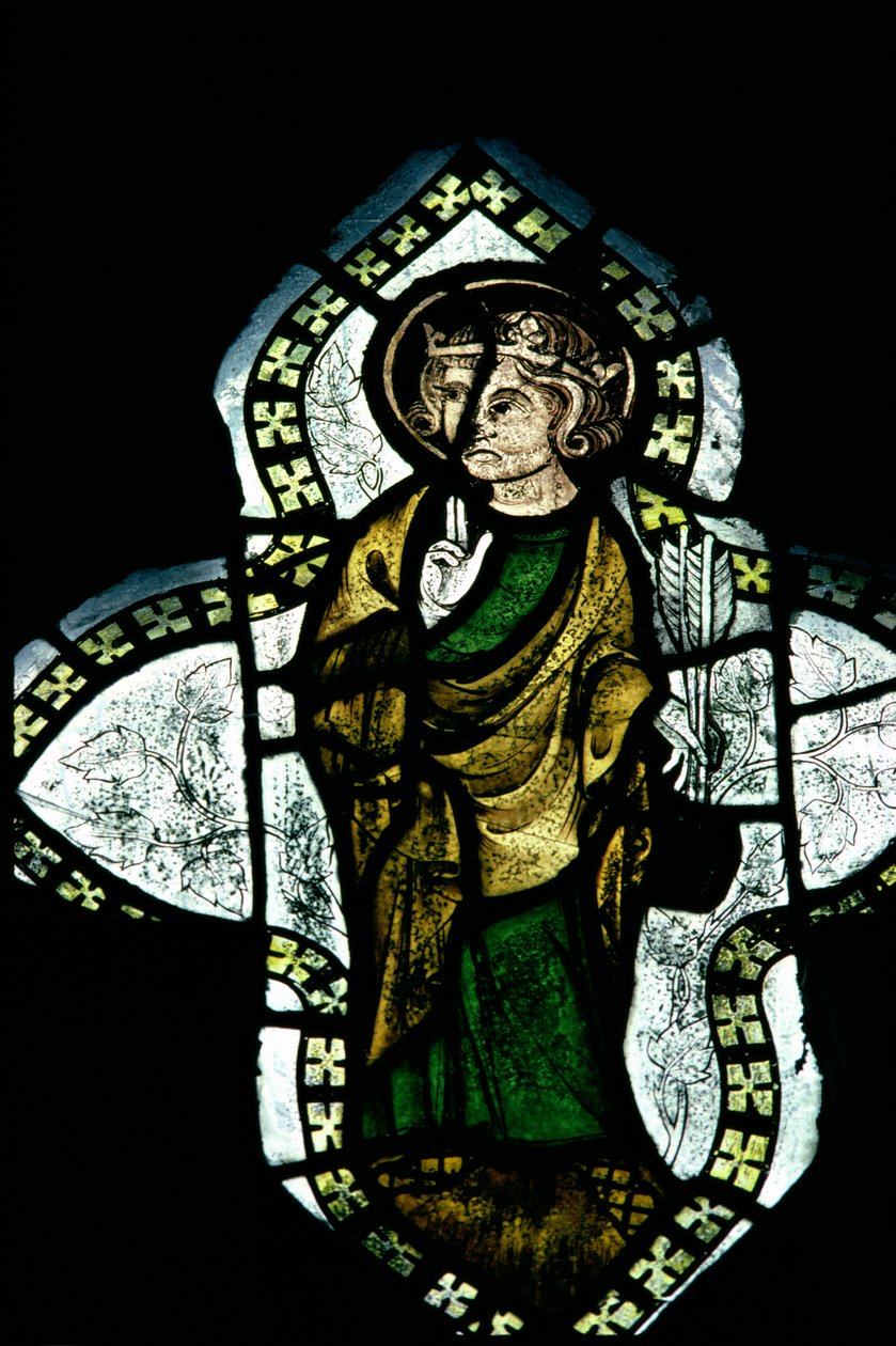 St.Edmund, kruunattu ja nimbed, kantoi marttyyrikuolemansa nuolet, 1300-luvun lasimaalaus tekijältä Unbekannt Unbekannt