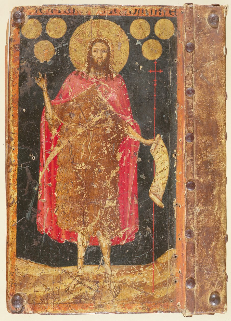 Pyhä Johannes Kastaja kultaisilla florineilla, Coiners Guildsin perustuslain ja perussäännön kannesta, n. 1380 tekijältä Unbekannt Unbekannt