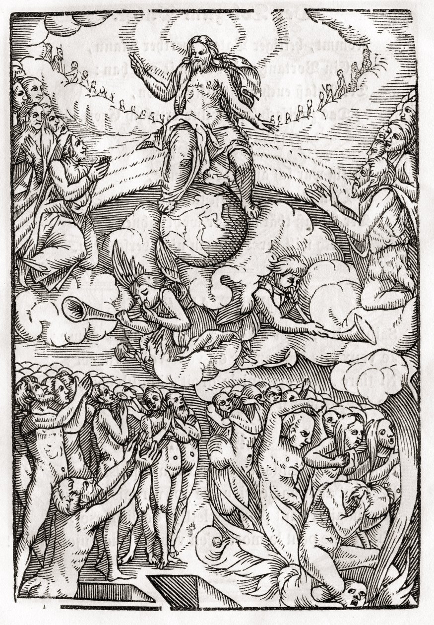 Viimeinen tuomio, joka perustuu Hans Holbein (149798-1543) nuoremman puupiirroksiin Der Todten Tanzista, julkaistu Baselissa, 1843 tekijältä Unbekannt Unbekannt