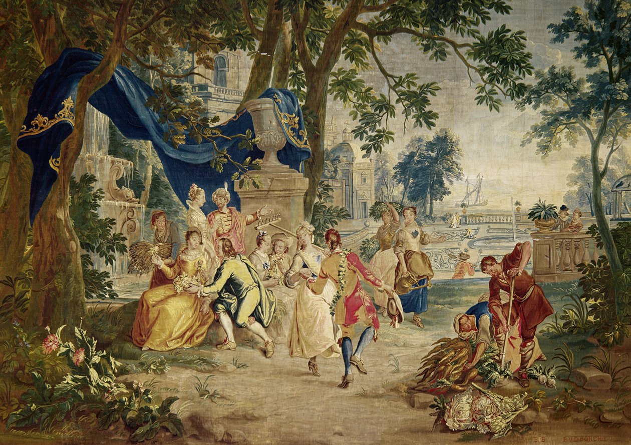 LeClercin ja J.van der Borgin kutoma kylä Fete D. Teniersin mukaan, 1600-luvun lopulla, maisema-asetelma luultavasti Lucas Achtschellingin suunnittelema tekijältä Unbekannt Unbekannt