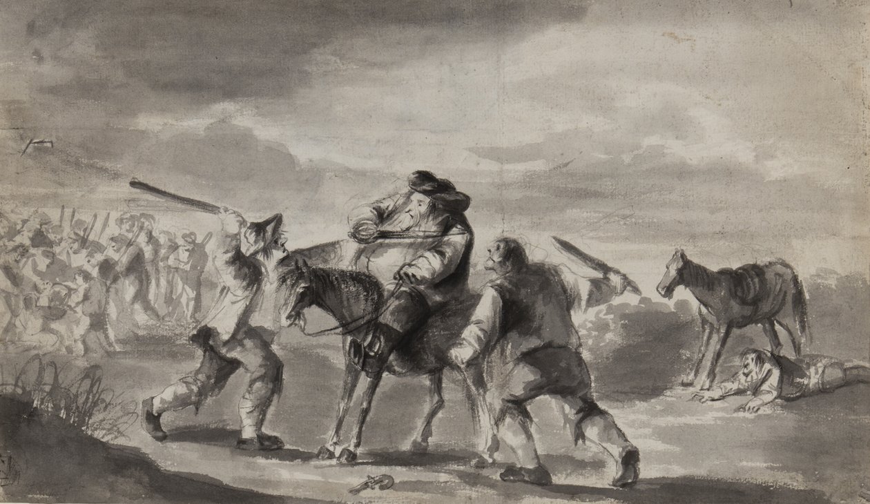 Matkustaja pahoinpideltiin, mahdollisesti Samuel Butlerin Hudibras, n. 1790 (kynä, sivellin ja muste paperilla) tekijältä Unbekannt Unbekannt