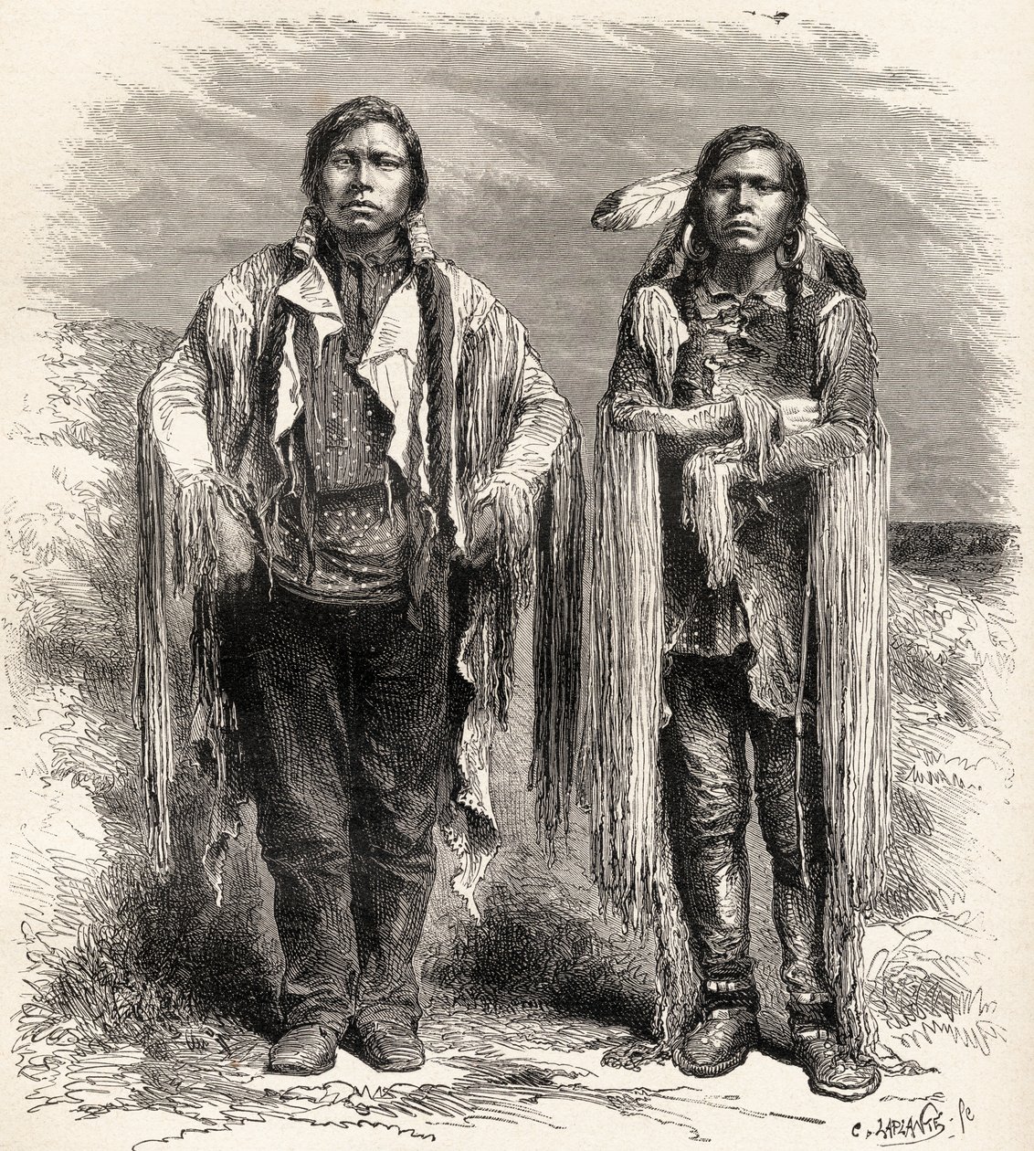 Kaksi ute-intiaania, kuvitus Charles Laplanten (k.1903) kaiverruksesta "Maailma käsissä", julkaistu 1878. tekijältä Unbekannt Unbekannt