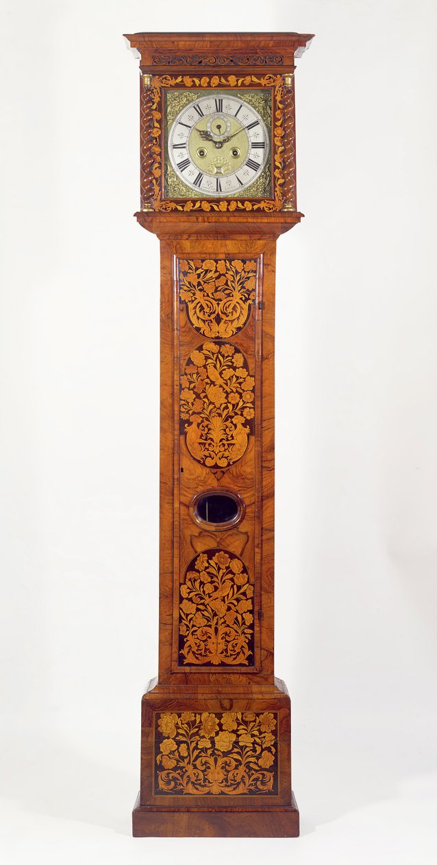 Saksanpähkinäpaneeleista valmistettu pitkäkoteloinen kello, James Clowes (fl.1671-89) tekijältä Unbekannt Unbekannt
