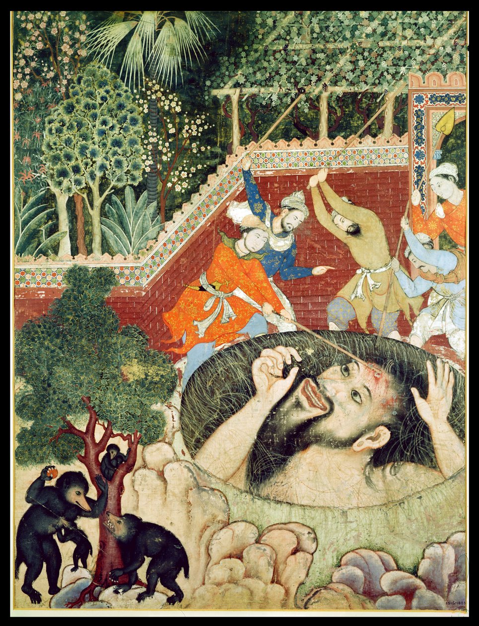 Zumrud Shah putoaa kuoppaan, ja puutarhurit hakkaavat hänet Hamzanamasta (Hamzan kirja), Intiasta tai Pakistanista, n. 1562-77 (läpinäkymätön wc puuvillalla) tekijältä Unbekannt Unbekannt
