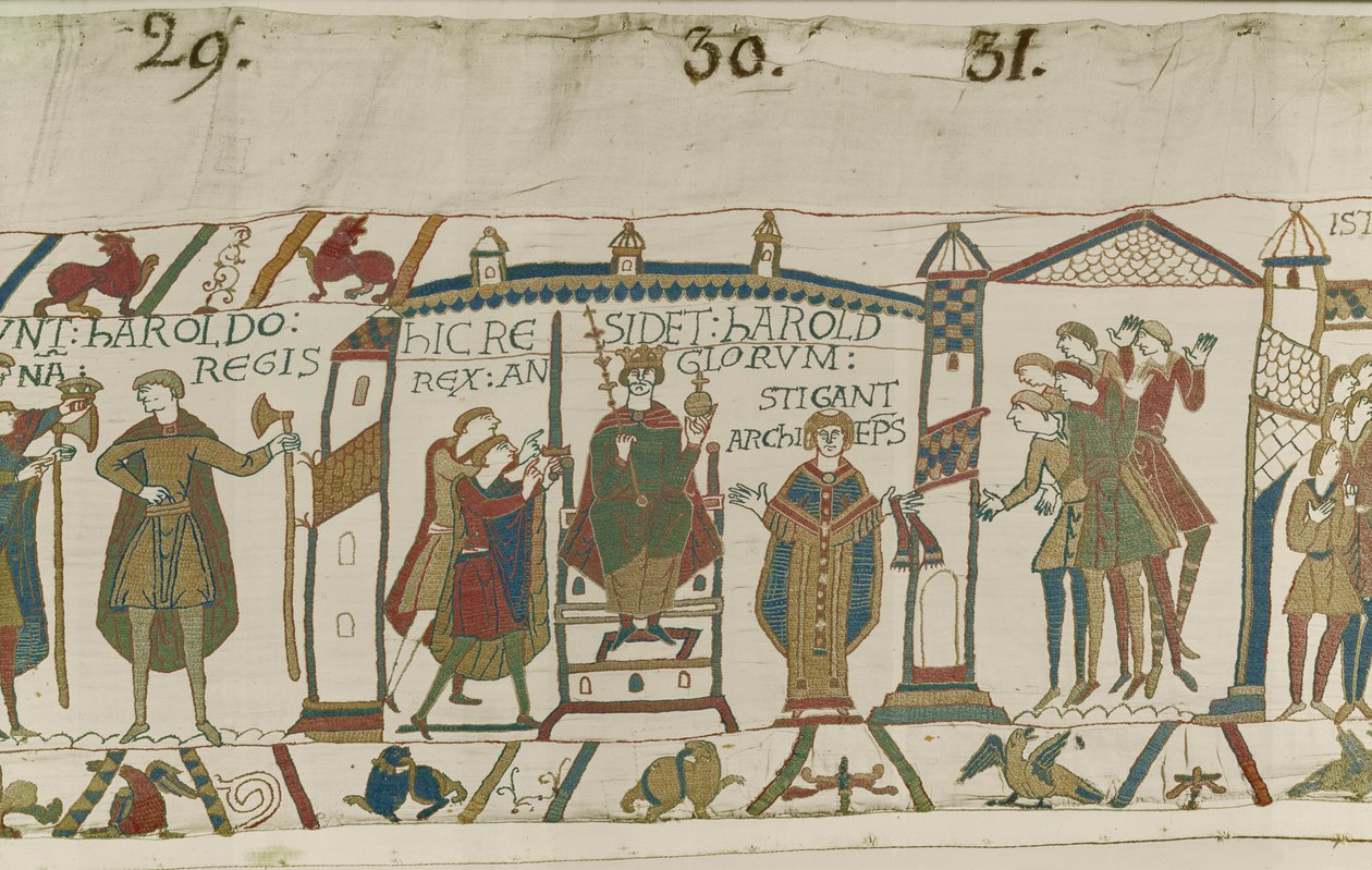 Haroldin kruunaus Englannin kuninkaaksi, Bayeux Tapestry tekijältä Unbekannt Unbekannt