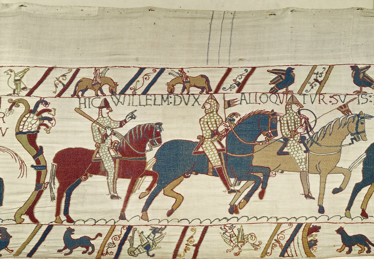 Herttua William kehottaa joukkojaan valmistautumaan taisteluun Englannin armeijaa vastaan, Bayeux Tapestry tekijältä Unbekannt Unbekannt