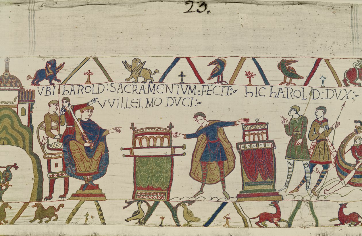 Harold vannoo pyhän valan Williamille Bayeux