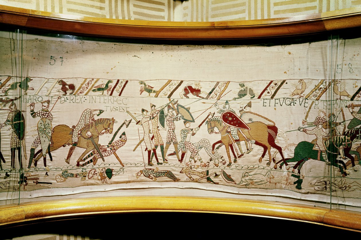 Kuningas Harold kuolee ja englantilaiset kääntyvät pakoon, Bayeux Tapestry tekijältä Unbekannt Unbekannt