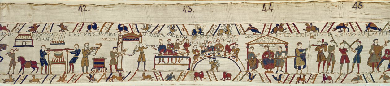 Normanin palvelijat valmistelevat juhlaa Williamille, Bayeux Tapestry tekijältä Unbekannt Unbekannt