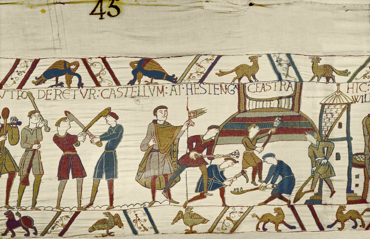 Normanit rakentavat linnoituksia Hastingsiin, Bayeux Tapestryyn tekijältä Unbekannt Unbekannt
