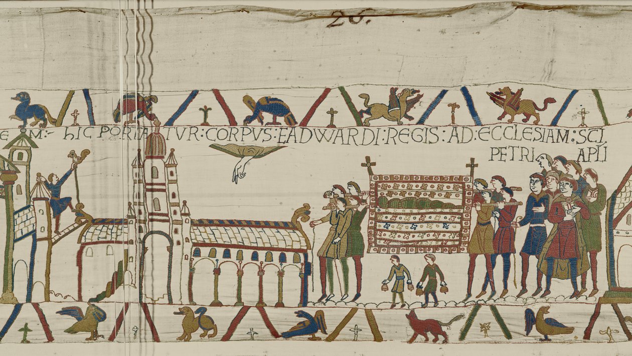 Edward Tunnustajan ruumis kuljetetaan Pyhän apostoli Pietarin kirkkoon, Bayeux Tapestry tekijältä Unbekannt Unbekannt