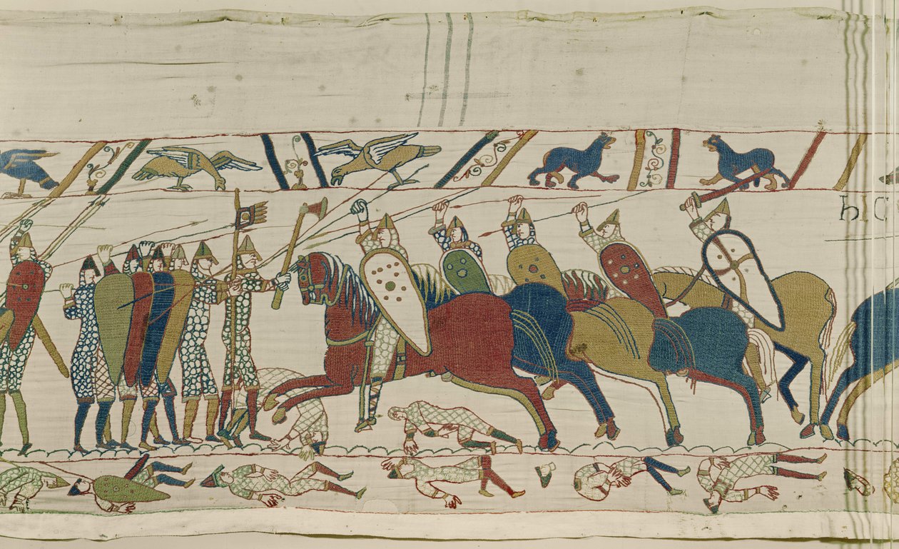 Englannin kilpi-muuria vastaan hyökätään ja taistelu liittyy, Bayeux Tapestry tekijältä Unbekannt Unbekannt